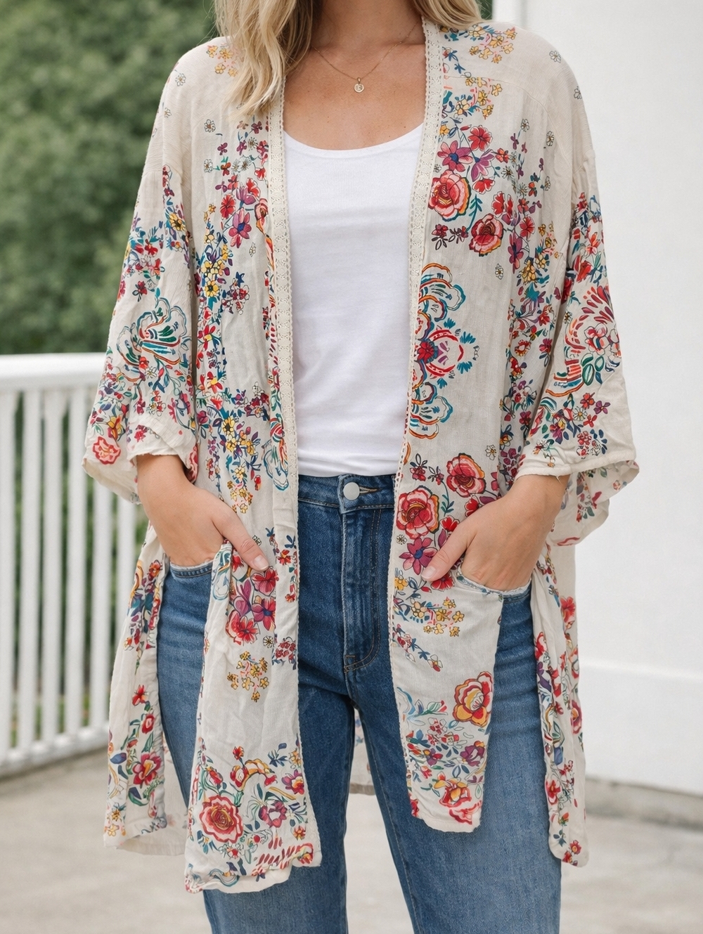Bila Cream Floral Open Front Kimono with Multicolor Blooms - Picture 9 of 9